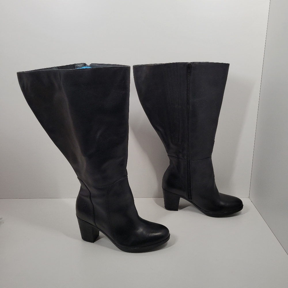 J.J. Black Leather Wide Calf Block Heel Side Zip Boots Women Size 38 US 7.5